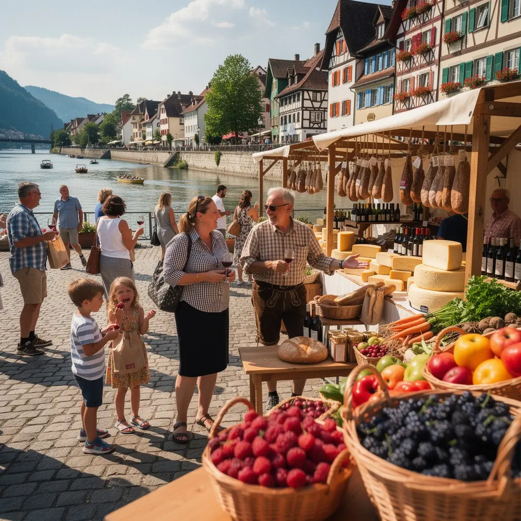 Schiff auf dem Rhein, umgeben von historischen Städten und malerischen Landschaften.